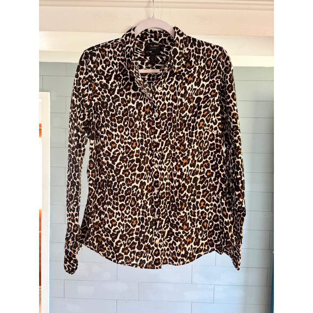J.Crew Perfect Shirt Leopard‎ Print Linen Cotton Button Down Brown Black 12